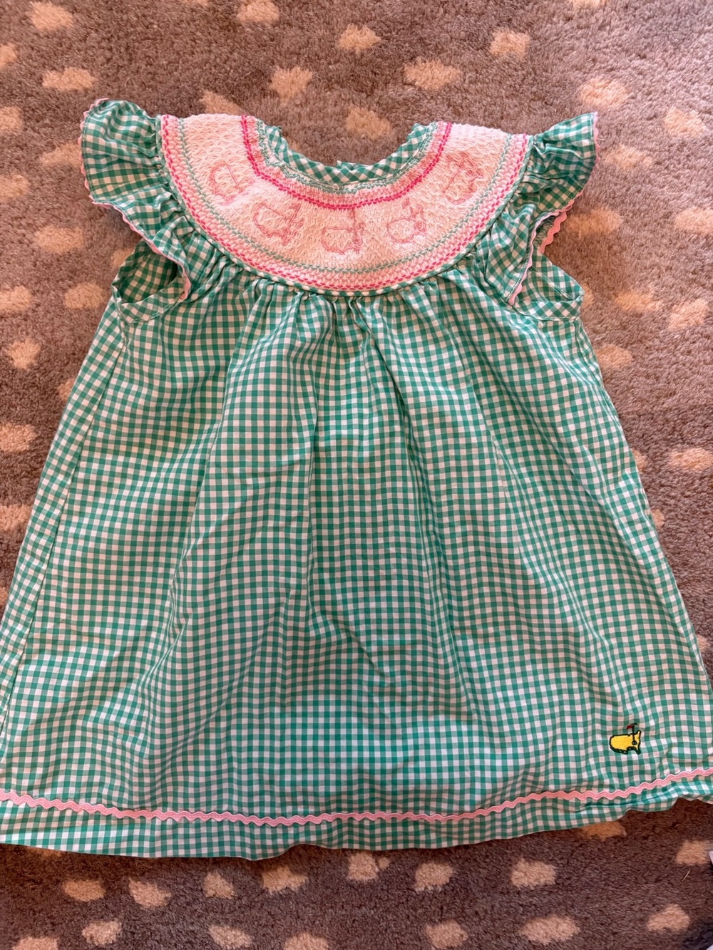Masters Green Gingham Smocked Baby Dress with Pink Trim